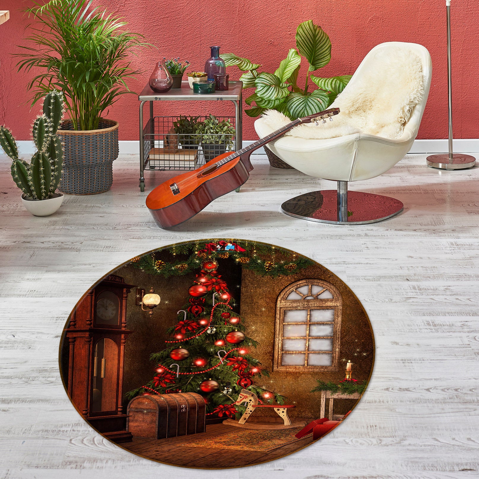 3D Tree Window 56009 Christmas Round Non Slip Rug Mat Xmas