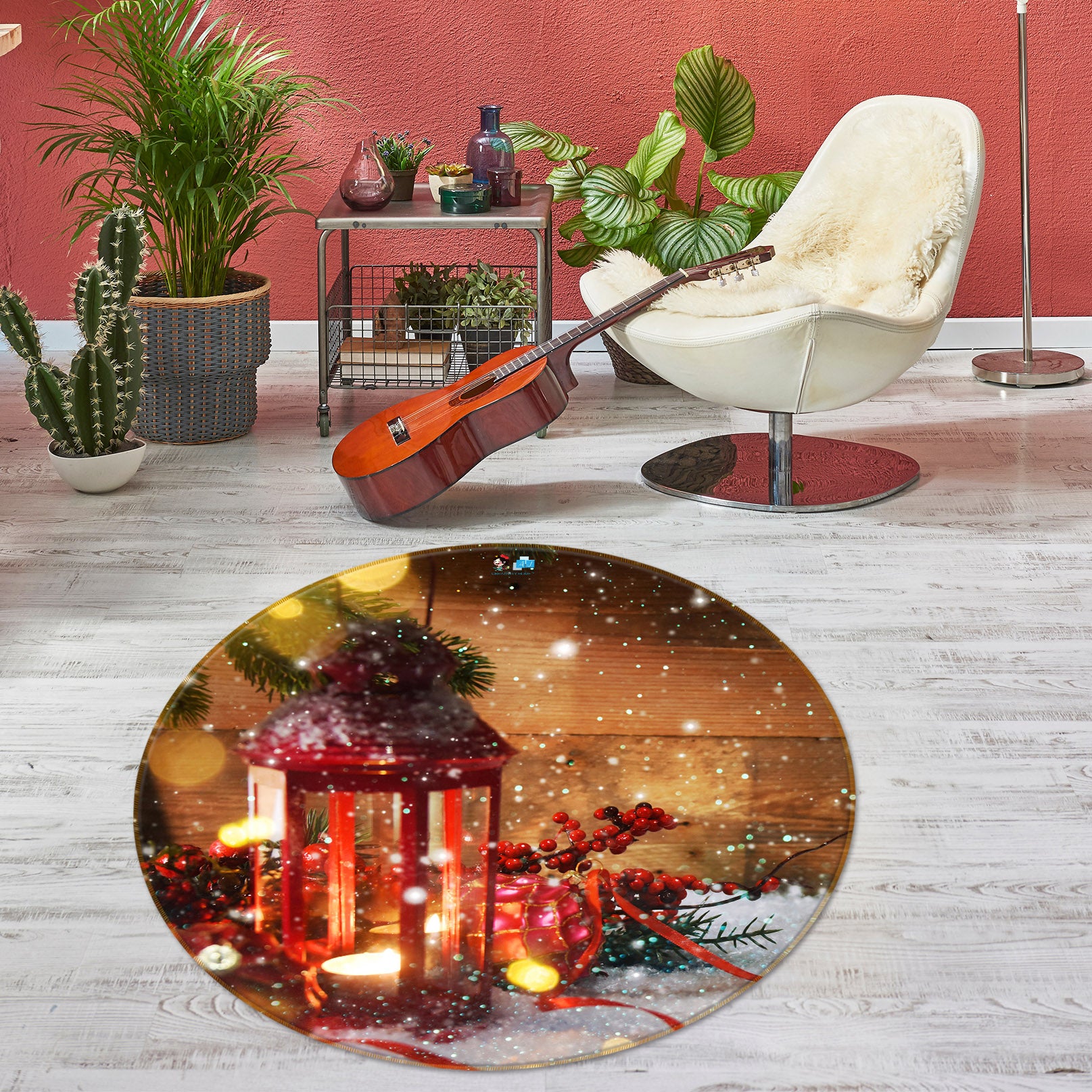 3D Snowflake Light 56052 Christmas Round Non Slip Rug Mat Xmas