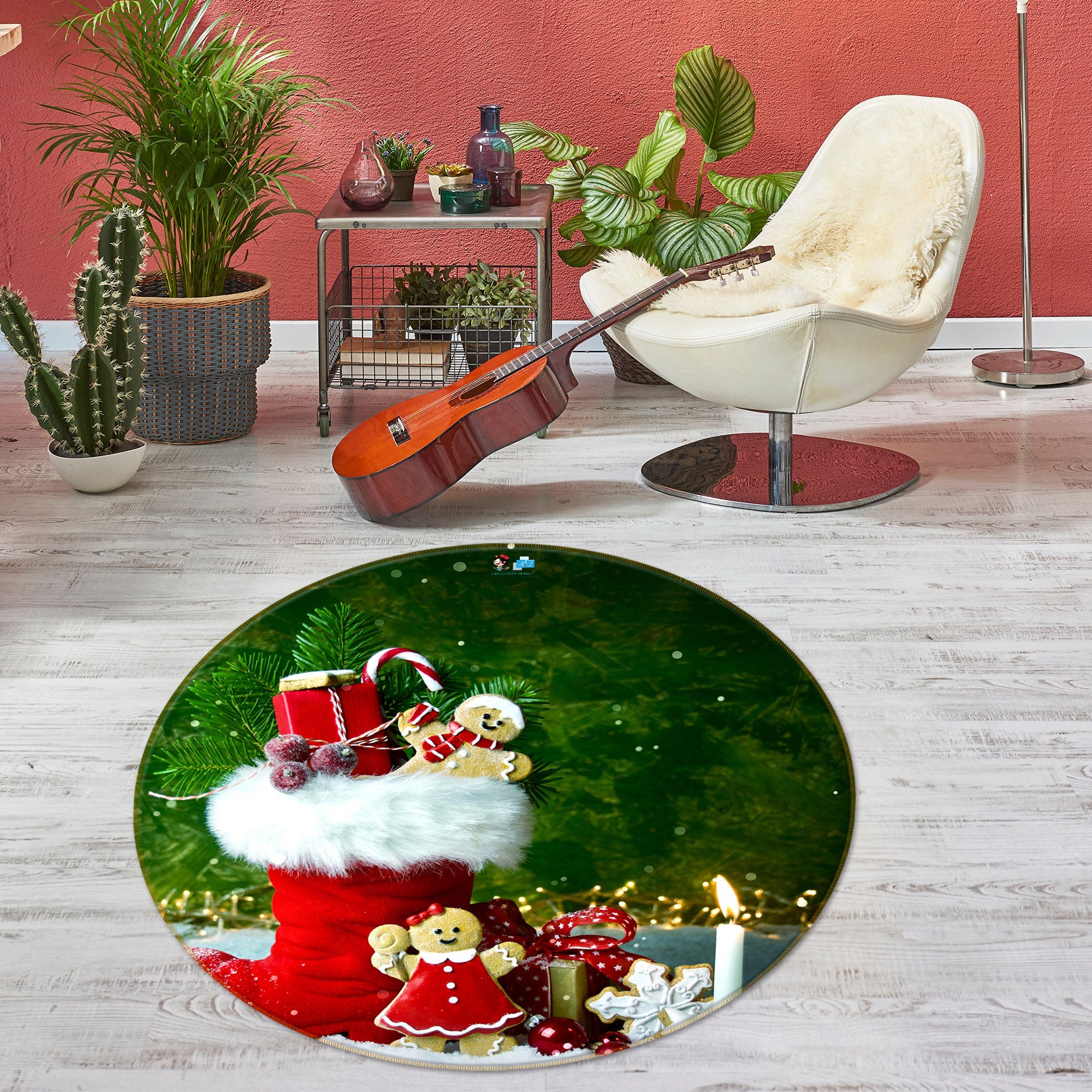 3D Red Socks Gift 56082 Christmas Round Non Slip Rug Mat Xmas