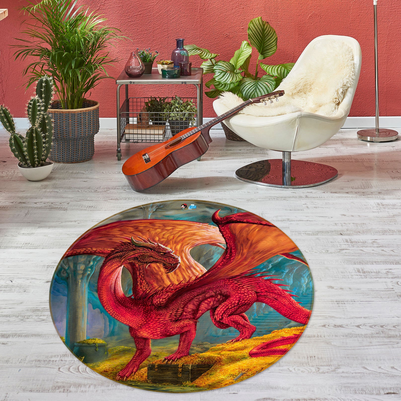 3D Red Dragon 6151 Ciruelo Rug Round Non Slip Rug Mat