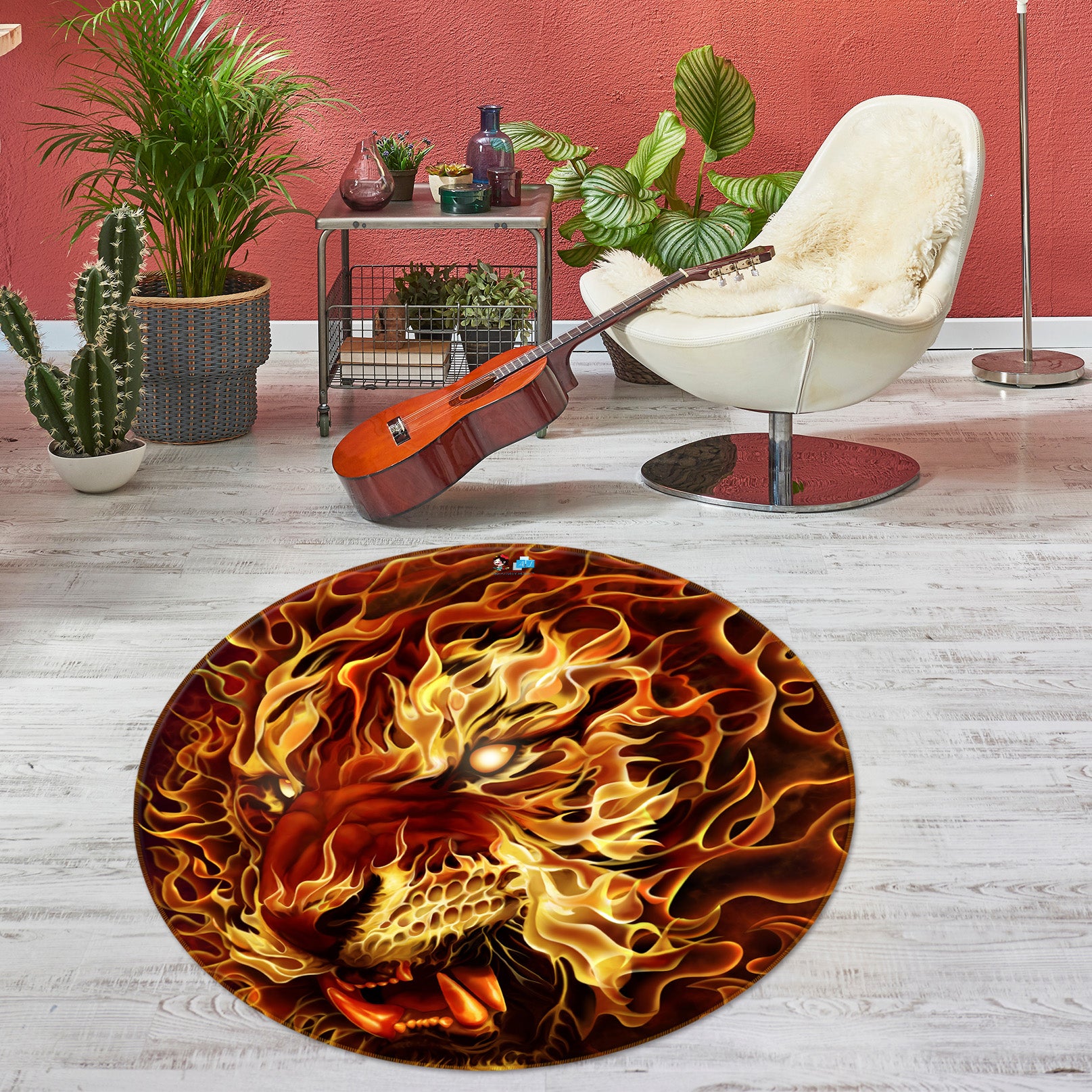 3D Flame Tiger 4185 Tom Wood Rug Round Non Slip Rug Mat