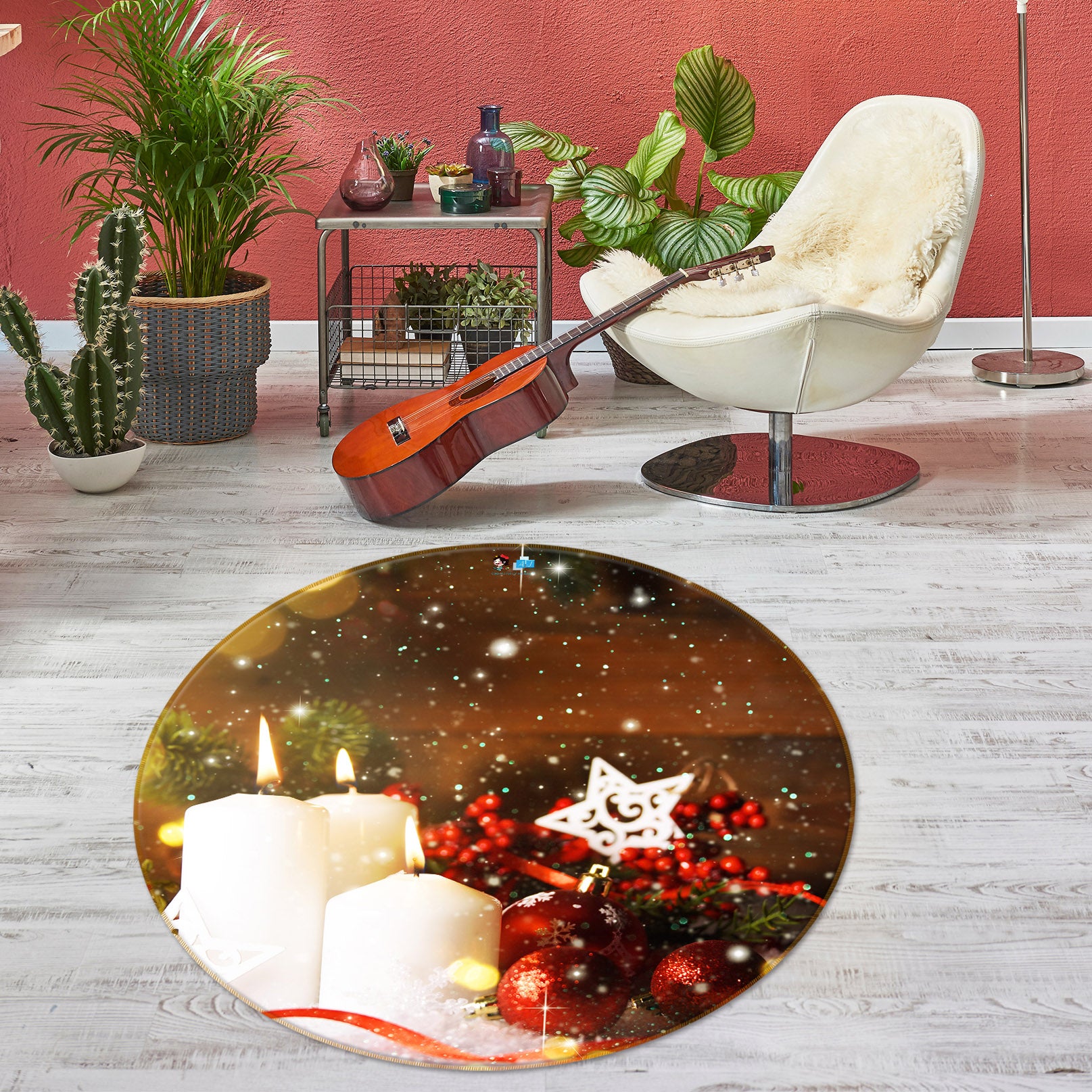 3D White Candle 56054 Christmas Round Non Slip Rug Mat Xmas