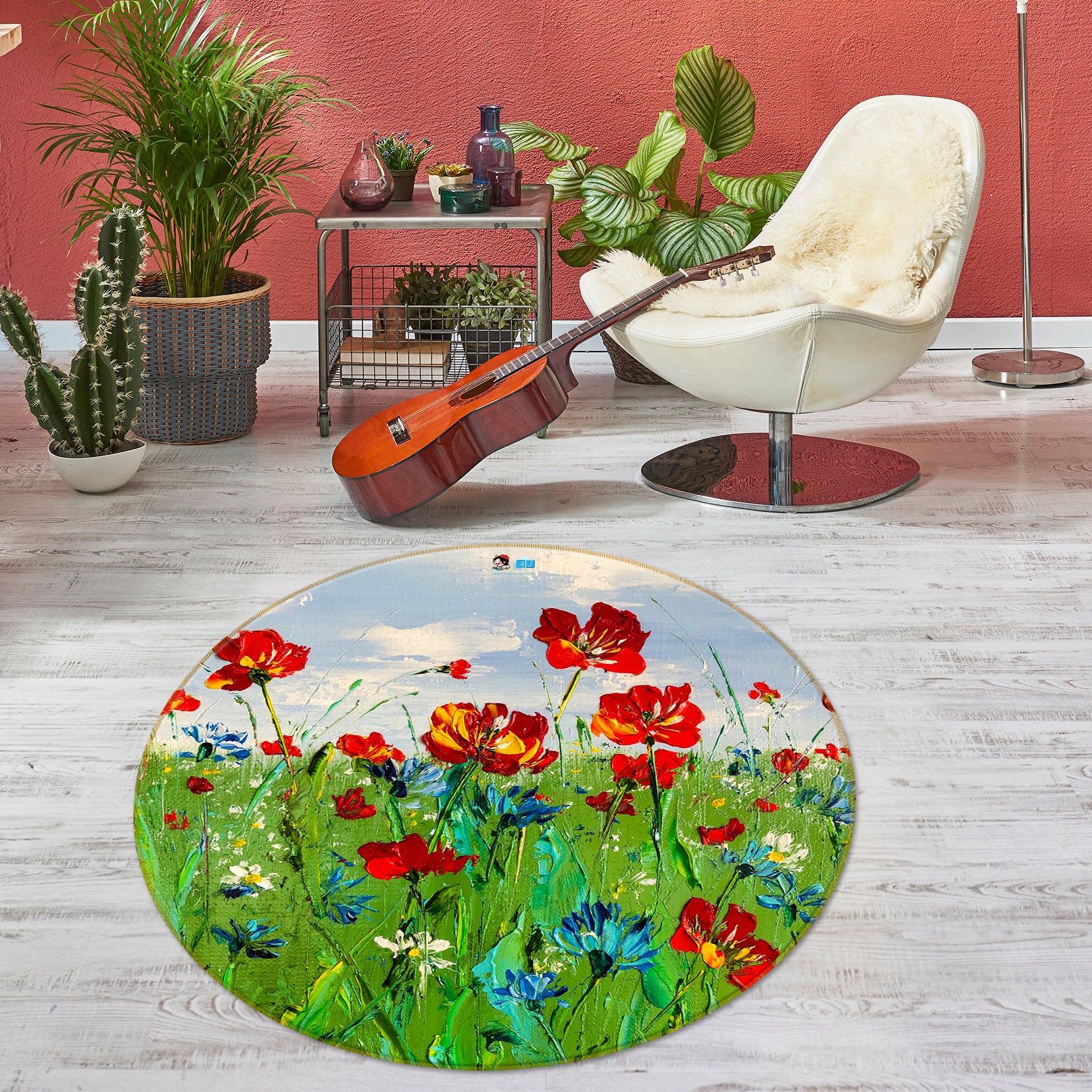 3D Red Flower Grass 916 Skromova Marina Rug Round Non Slip Rug Mat