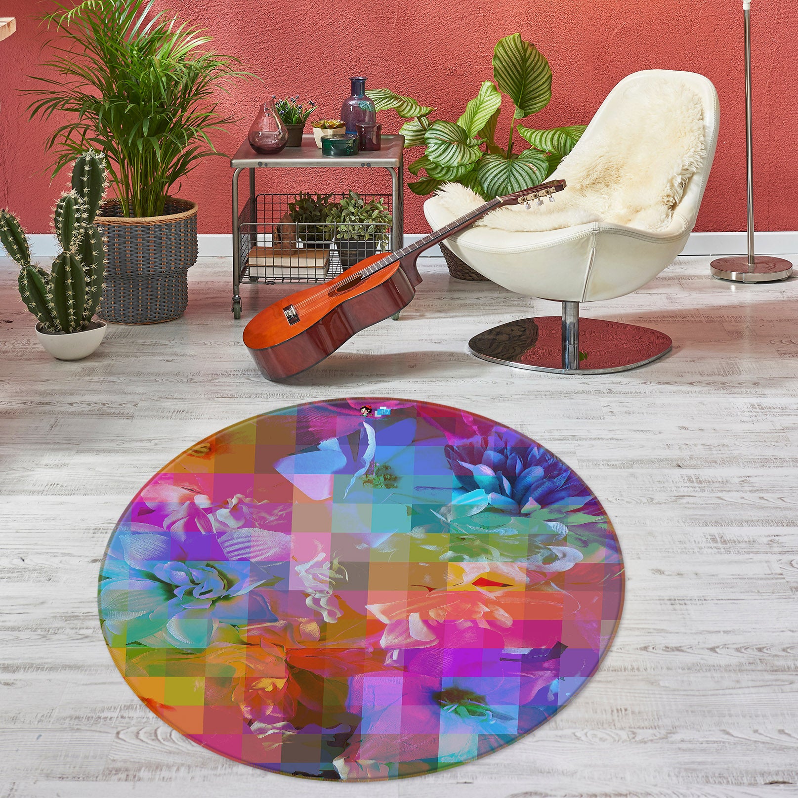 3D Color Mosaic Flower 191104 Shandra Smith Rug Round Non Slip Rug Mat