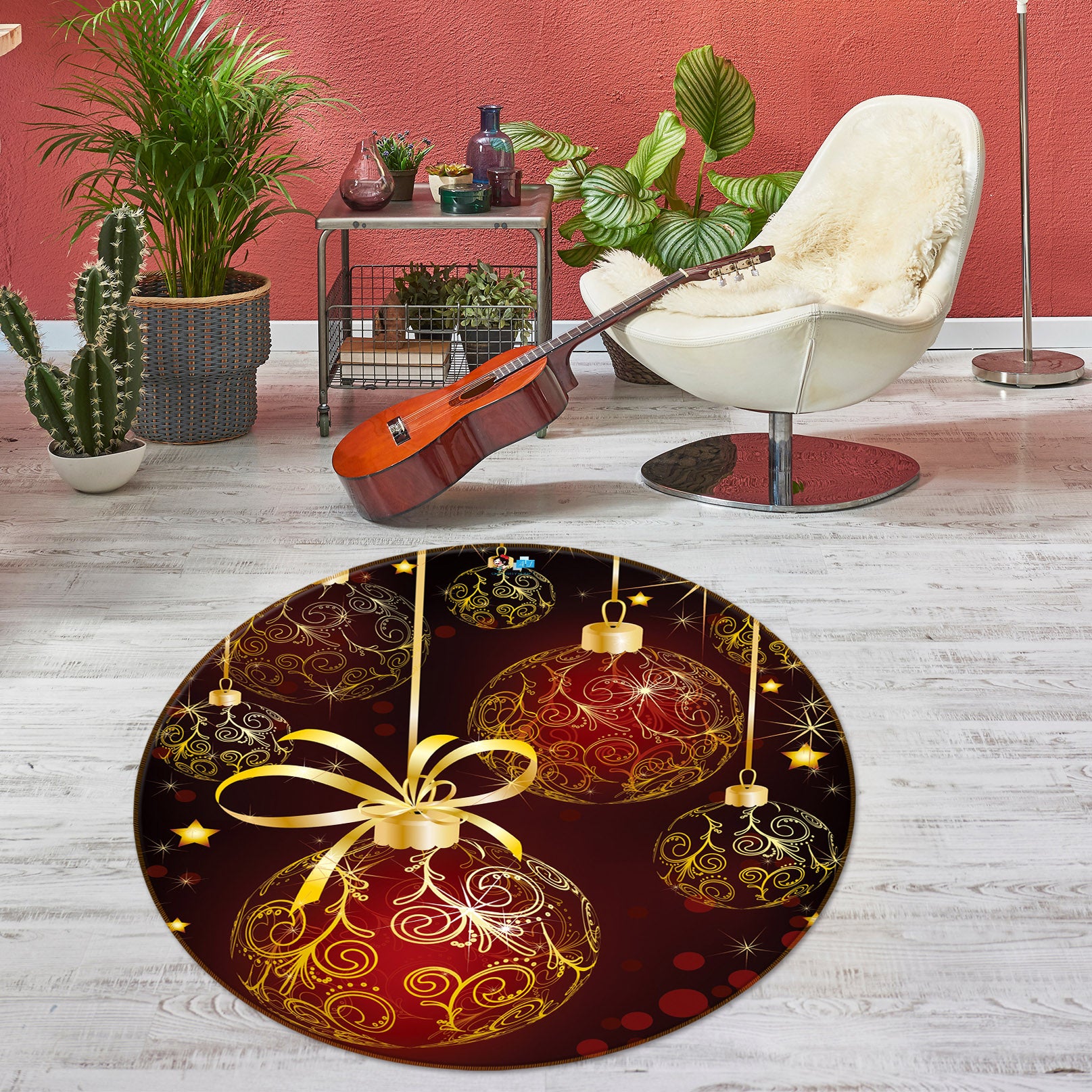 3D Golden Ball 56006 Christmas Round Non Slip Rug Mat Xmas