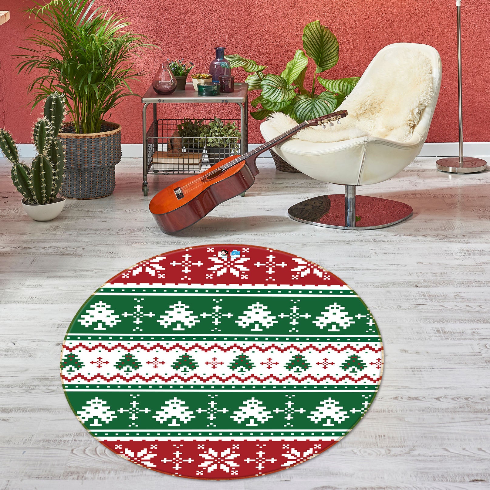 3D Tree Pattern 56094 Christmas Round Non Slip Rug Mat Xmas
