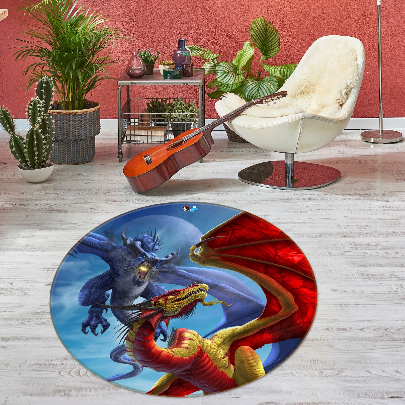3D Blue Red Dragon 4194 Tom Wood Rug Round Non Slip Rug Mat