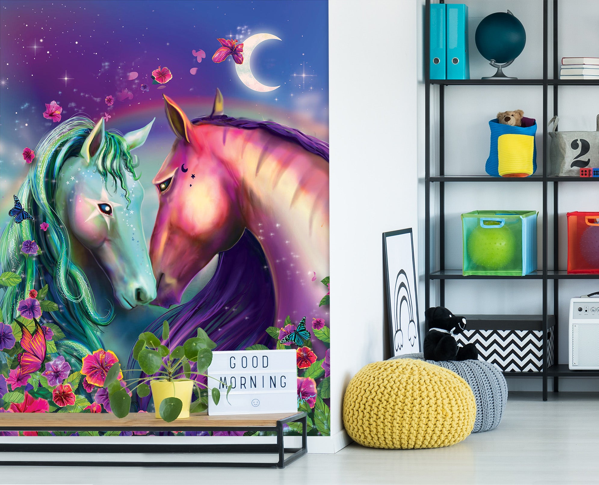 3D Two Horses 1424 Rose Catherine Khan Wall Mural Wall Murals