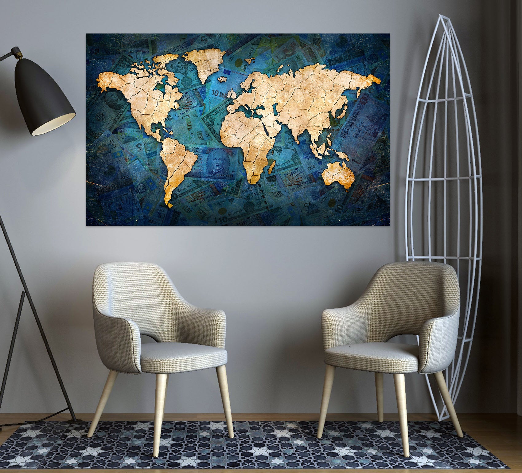 3D Golden Clouds 209 World Map Wall Sticker