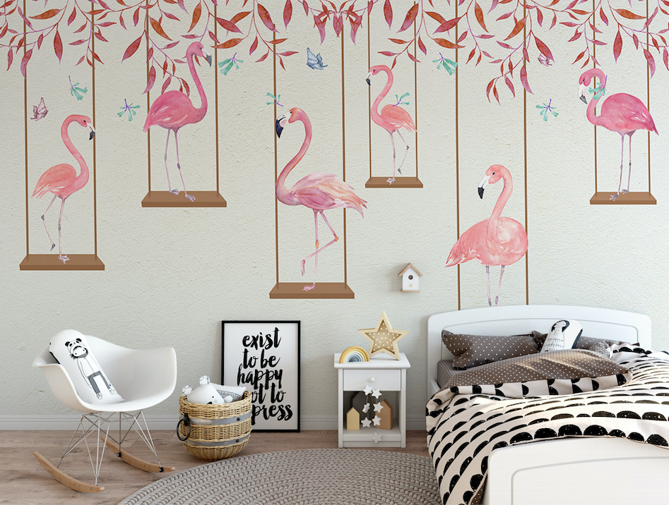 3D Pink Leaf Flamingo WG018 Wall Murals