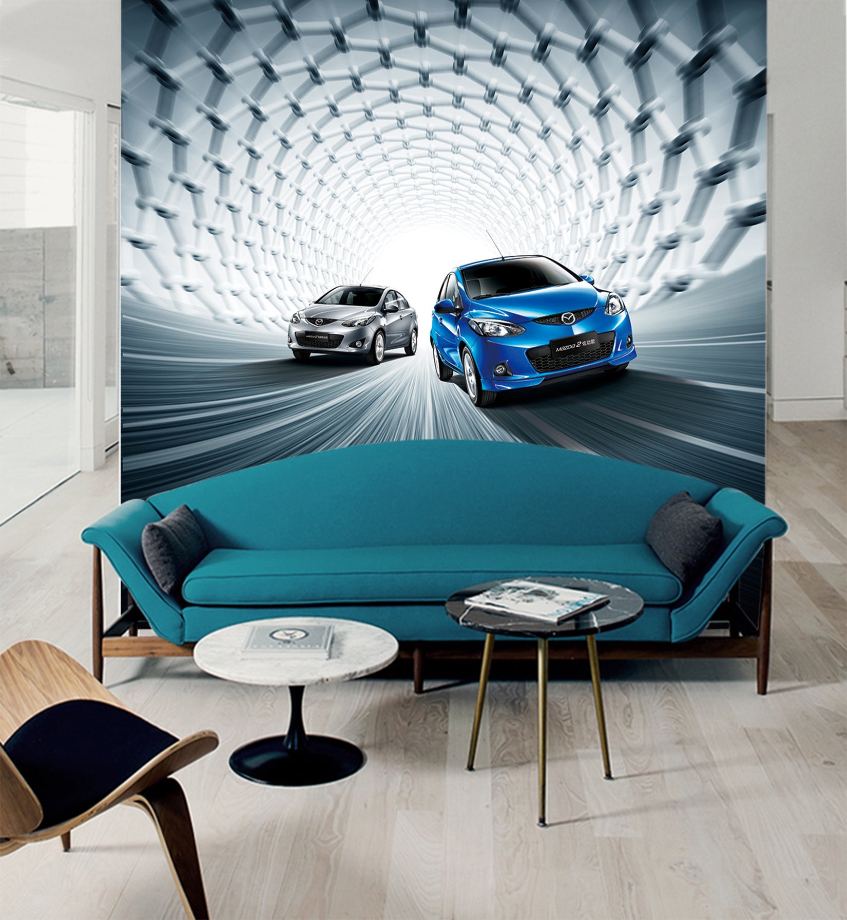 3D Tunnel Blue Car 070 Vehicle Wall Murals