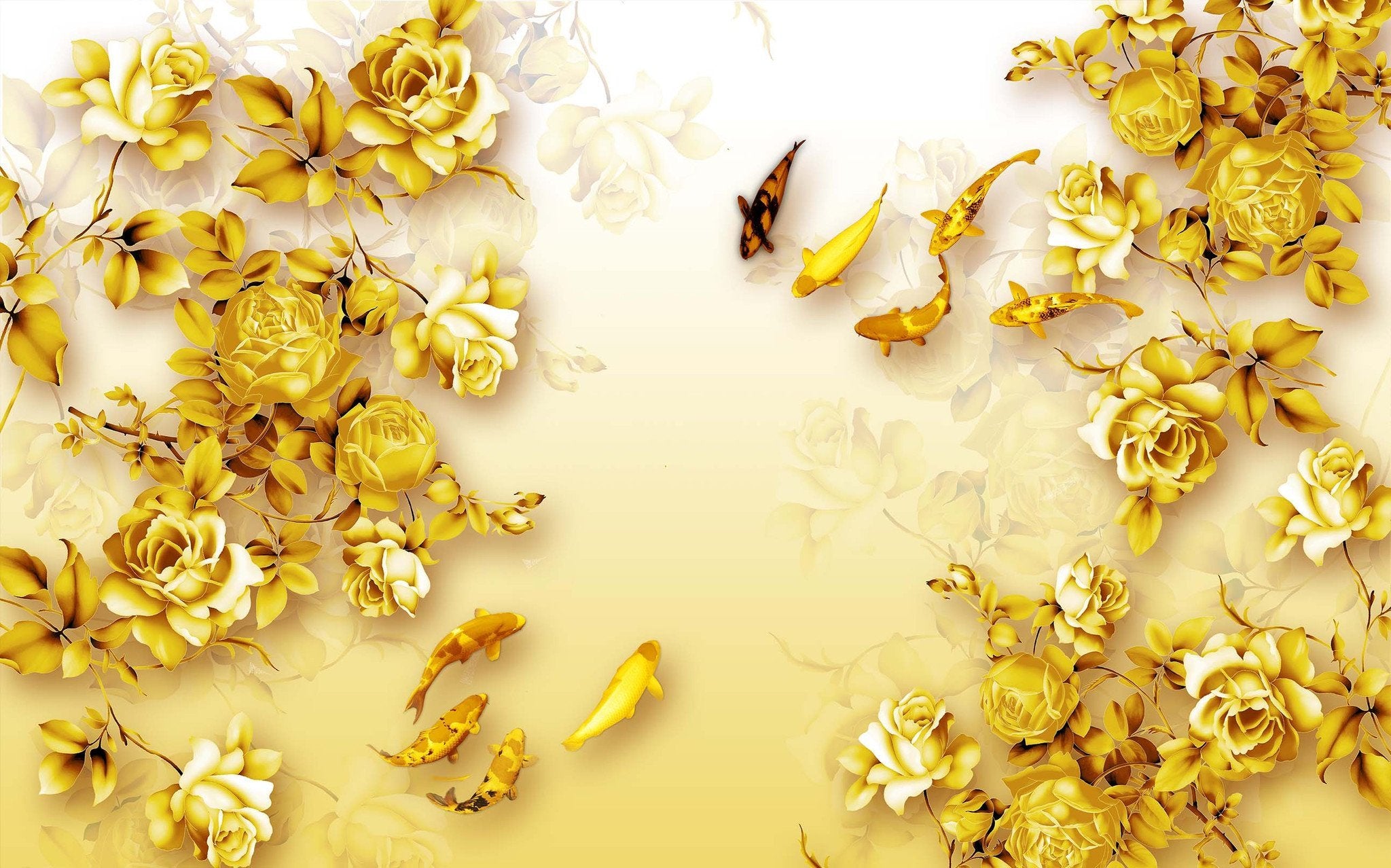 Golden Fishes Flowers Wallpaper AJ Wallpaper