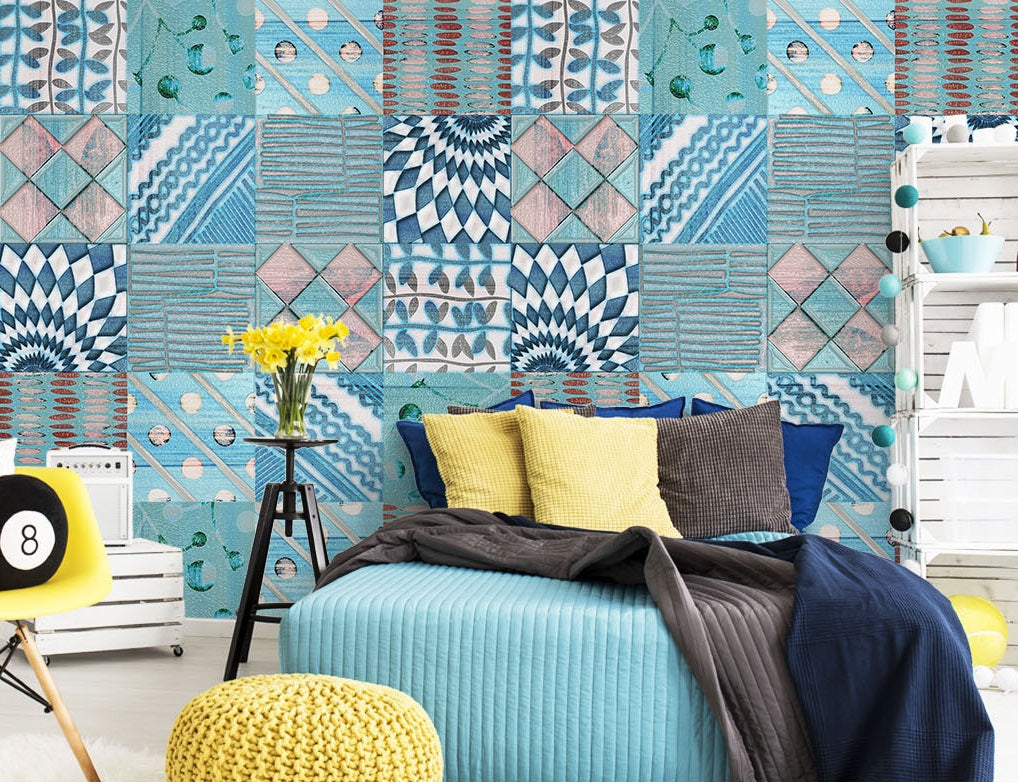 3D Blue Square Pattern WC549 Wall Murals