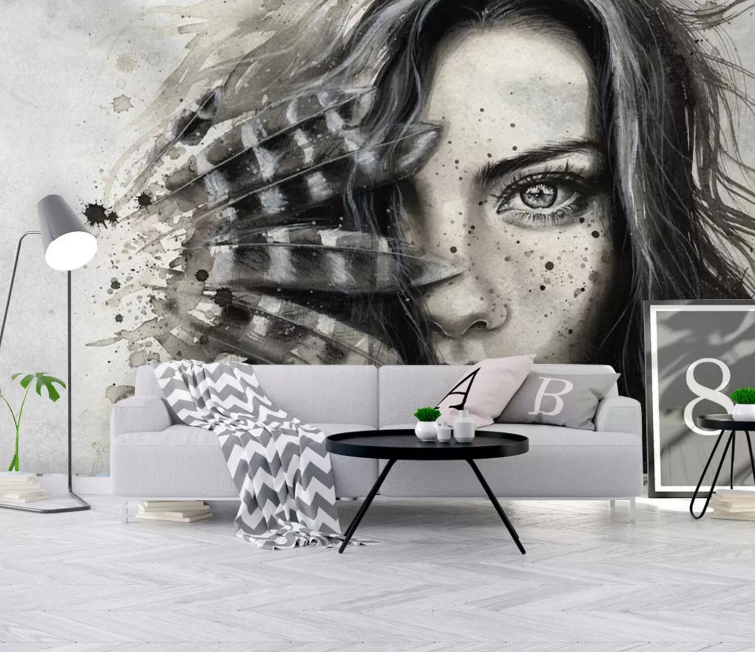 3D Woman Feather Fan WC666 Wall Murals