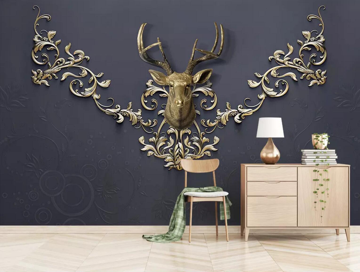 3D Golden Deer Head WC462 Wall Murals