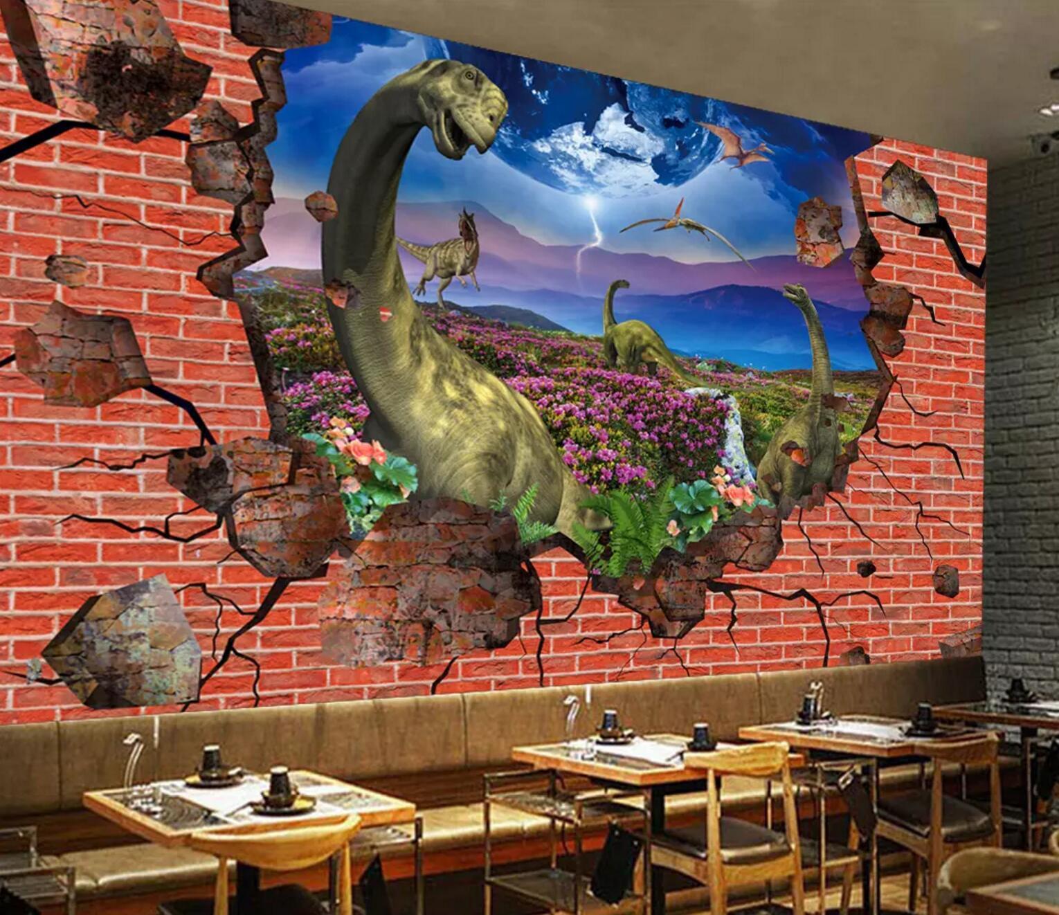 3D Red Wall Dinosaur Flower 251 Wallpaper AJ Wallpaper