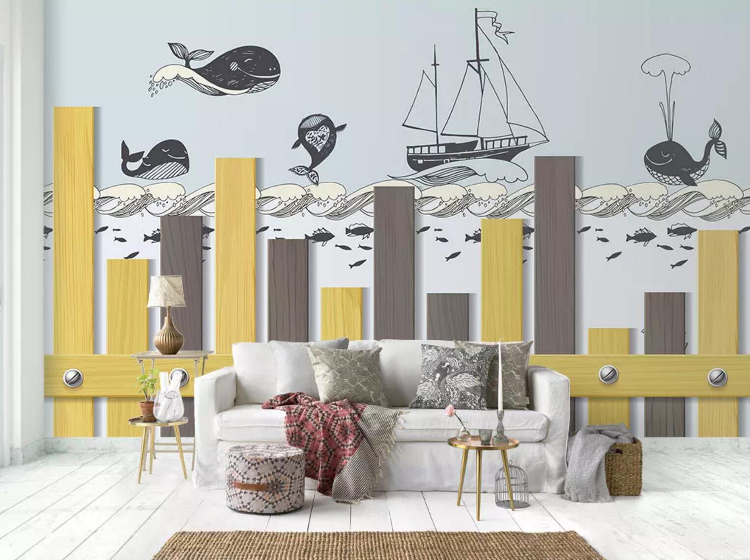 3D Whale Boat WC511 Wall Murals