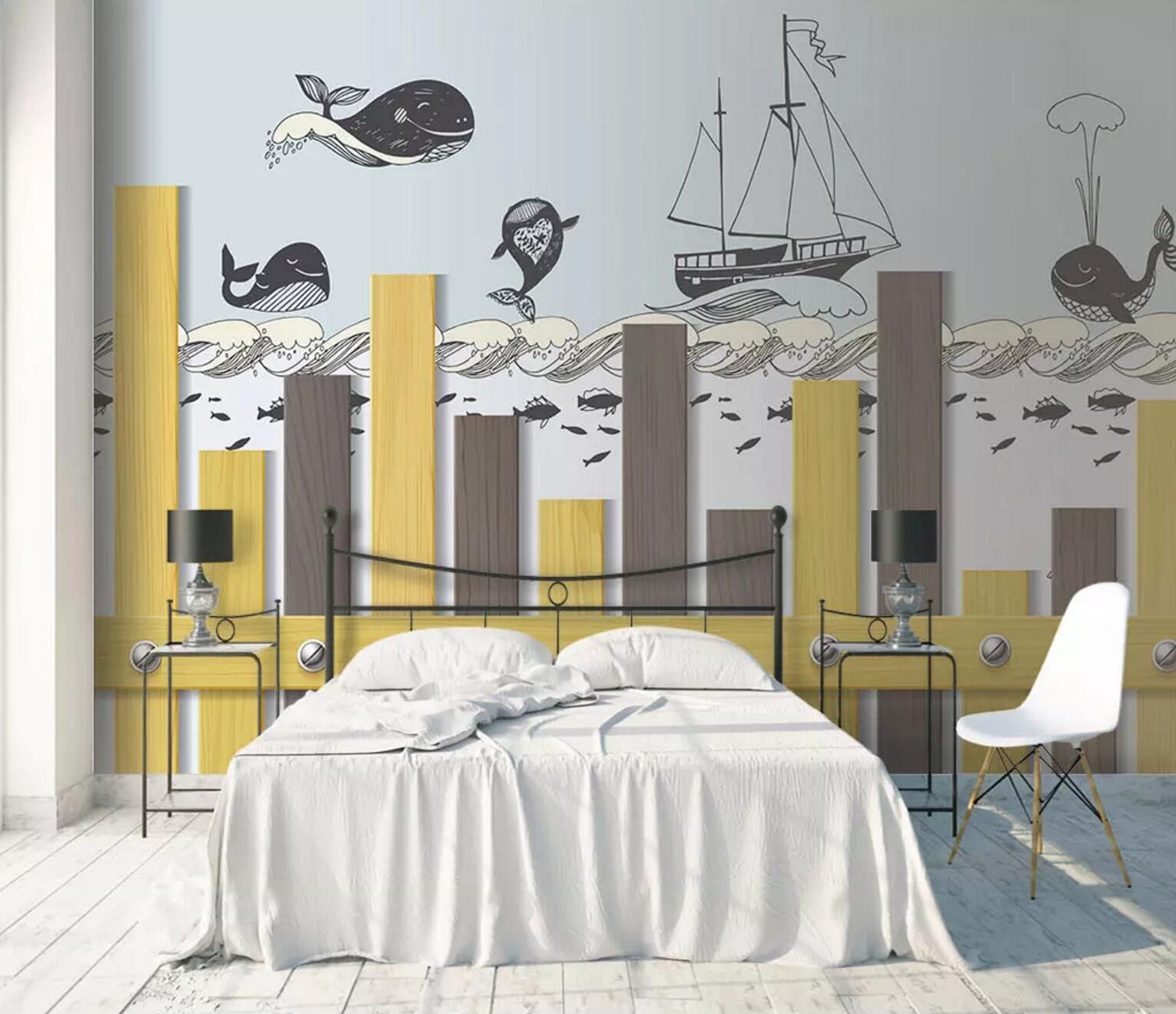 3D Whale Boat WC511 Wall Murals