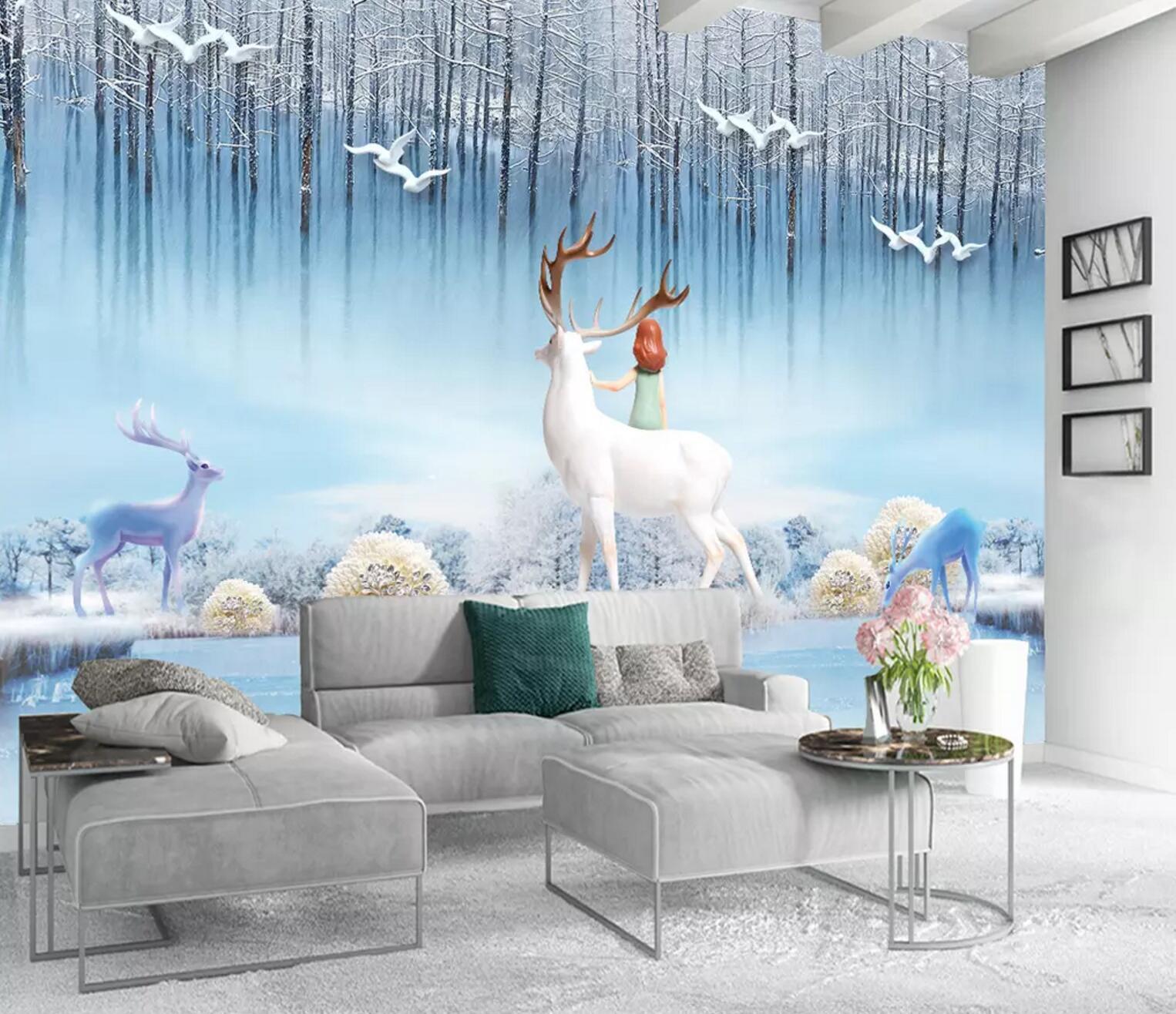 3D White Deer Bird 255 Wallpaper AJ Wallpaper