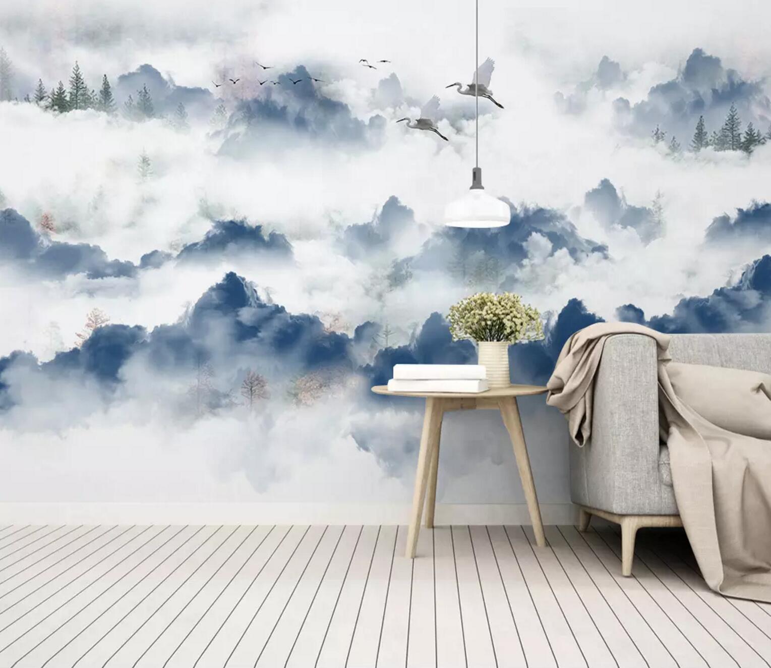 3D Crane Mountain Cloud WC738 Wall Murals