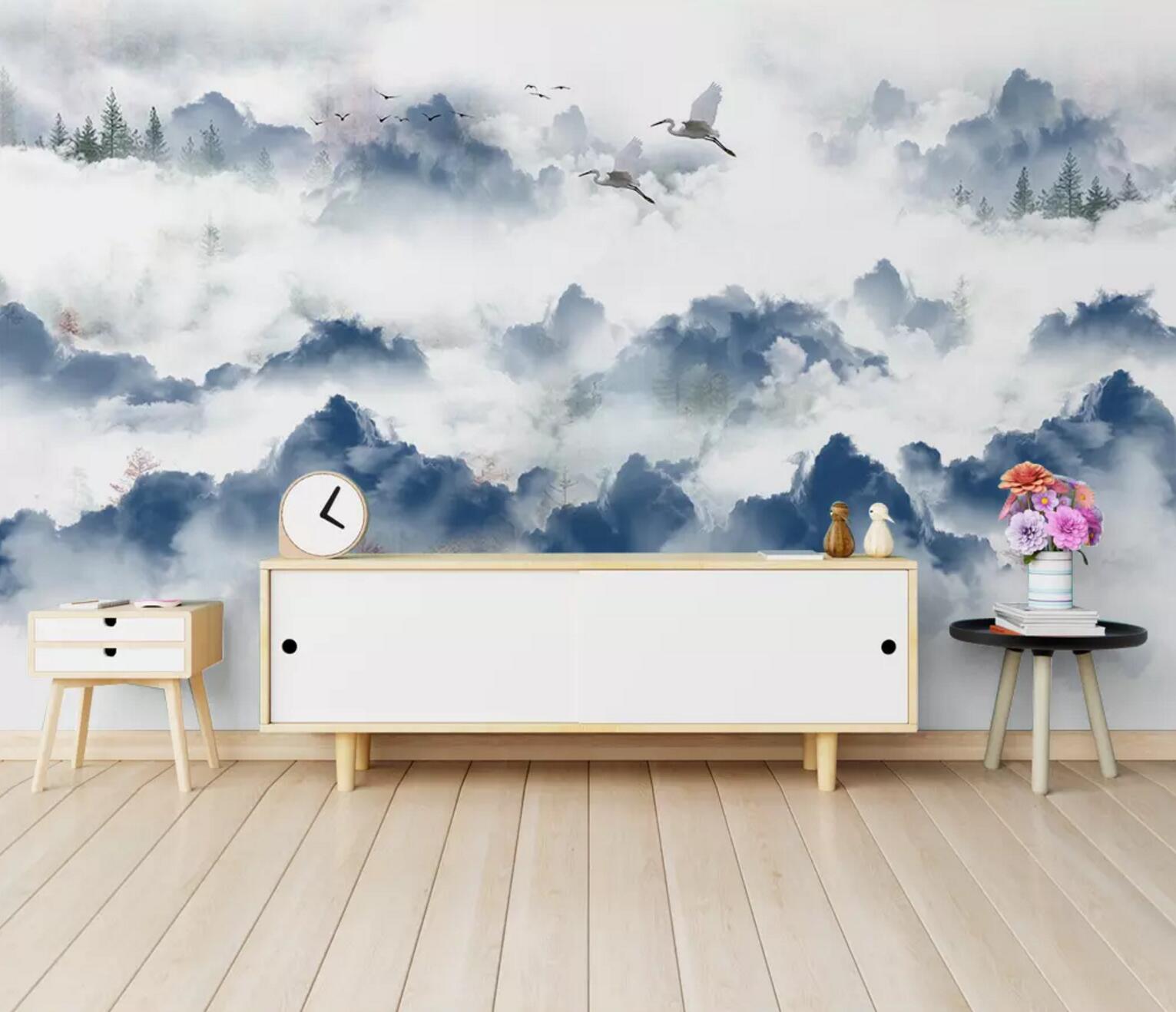 3D Crane Mountain Cloud WC738 Wall Murals