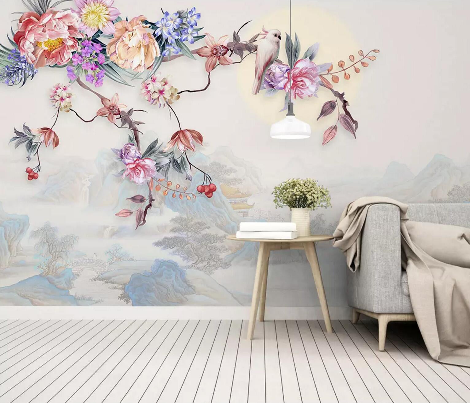 3D Pink Parrot Flower WC585 Wall Murals