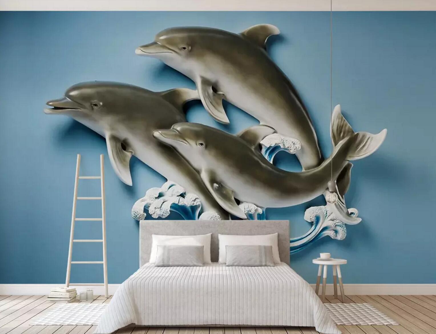 3D Relief Dolphins WC503 Wall Murals