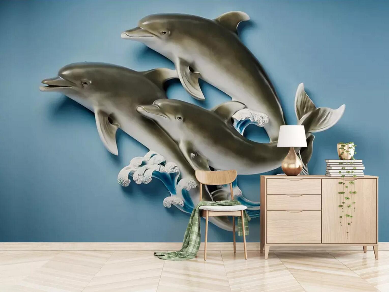 3D Relief Dolphins WC503 Wall Murals