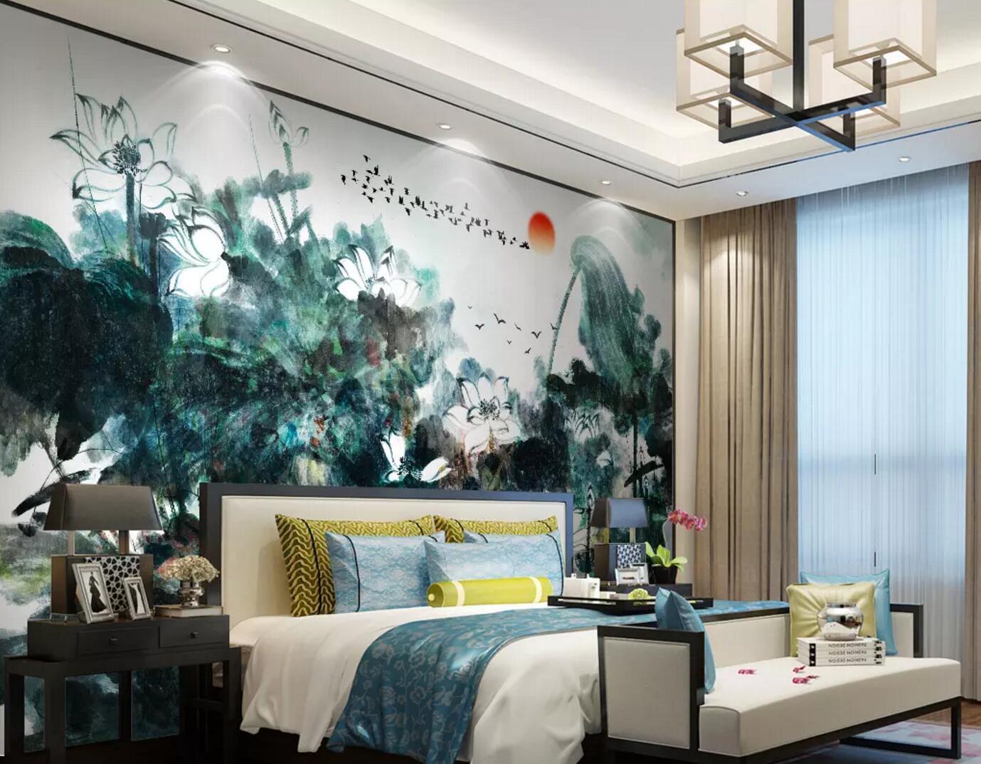 3D Green Ink Lotus 077 Wallpaper AJ Wallpaper