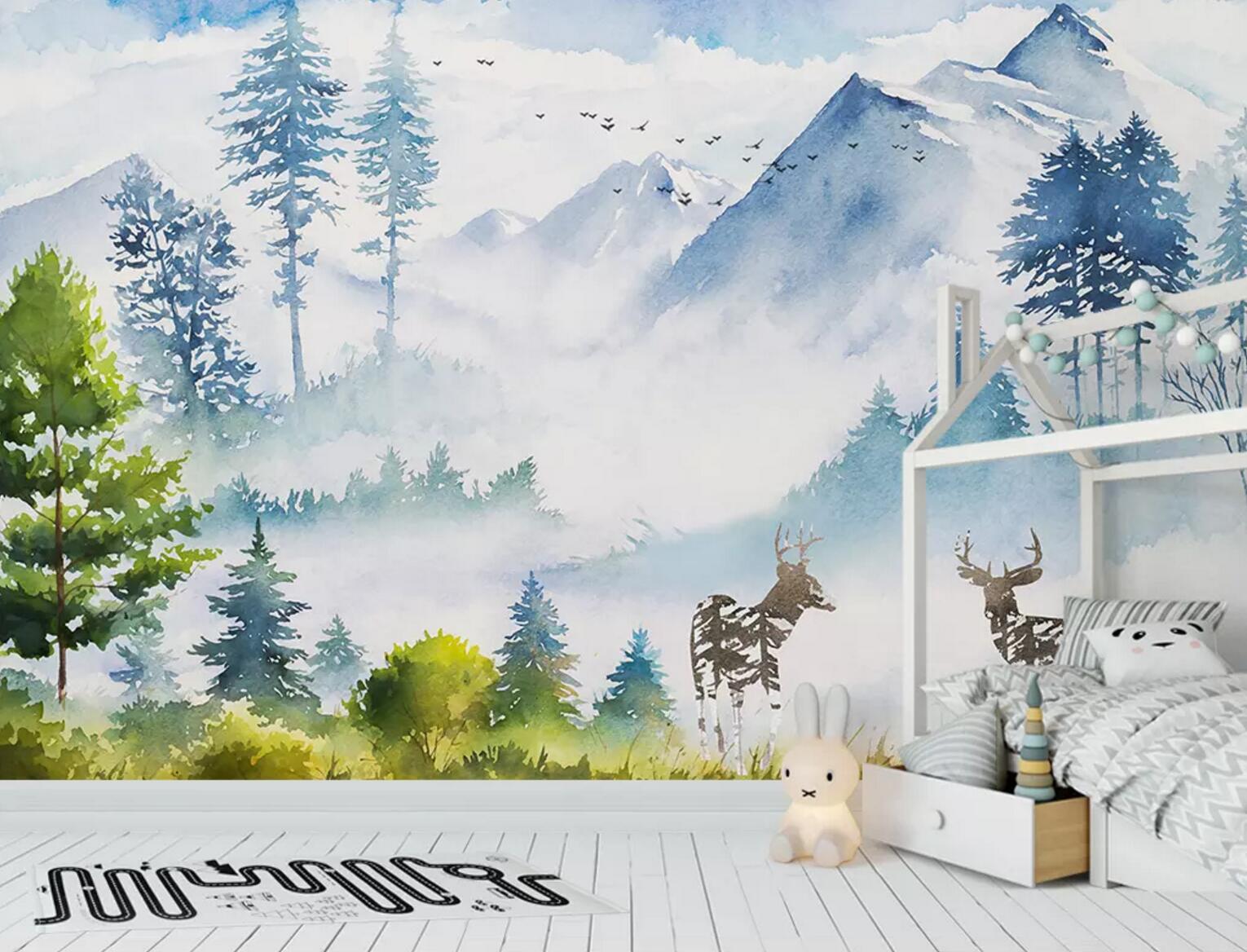 3D Snow Mountain Deer WC463 Wall Murals