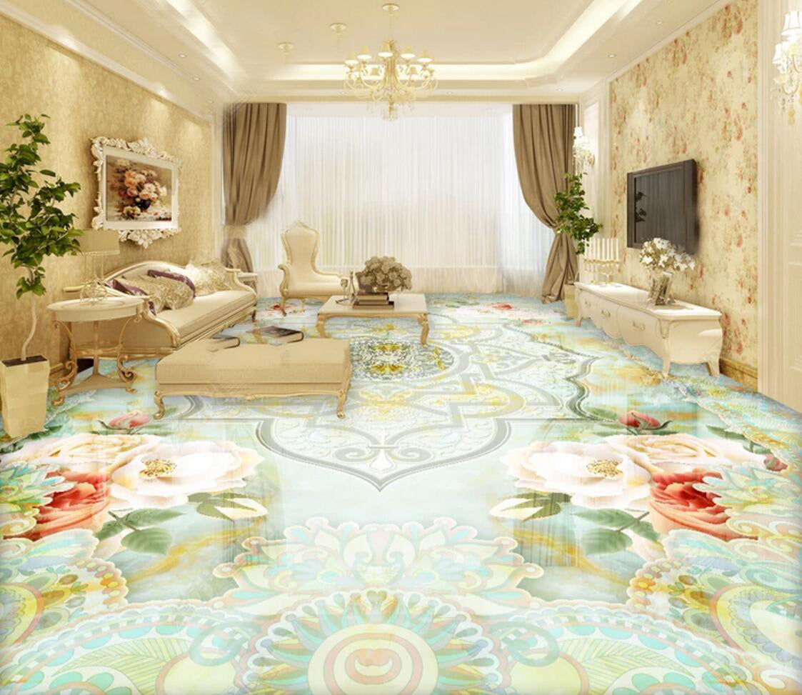 3D Light Blue Petals 097 Floor Mural Self-Adhesive Sticker Bathroom Non-slip Waterproof Flooring Murals