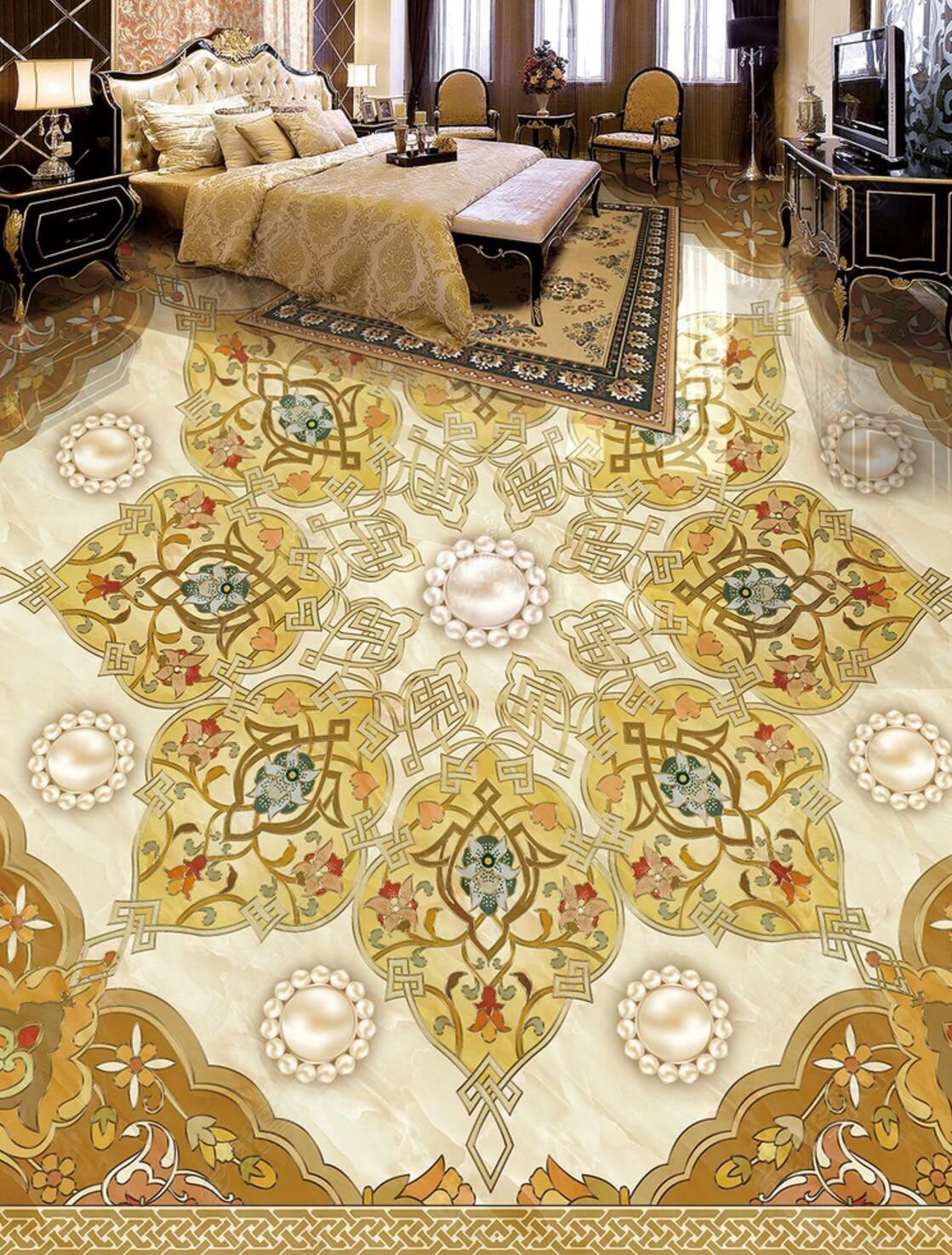 3D Eight Petals Gold Leaf 035 Floor Mural Self-Adhesive Sticker Bathroom Non-slip Waterproof Flooring Murals