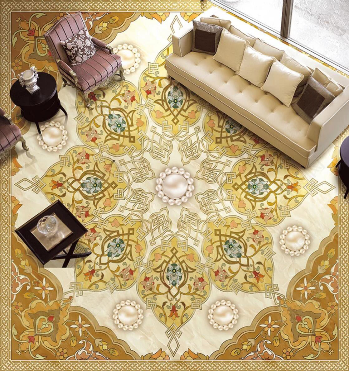 3D Eight Petals Gold Leaf 035 Floor Mural Self-Adhesive Sticker Bathroom Non-slip Waterproof Flooring Murals