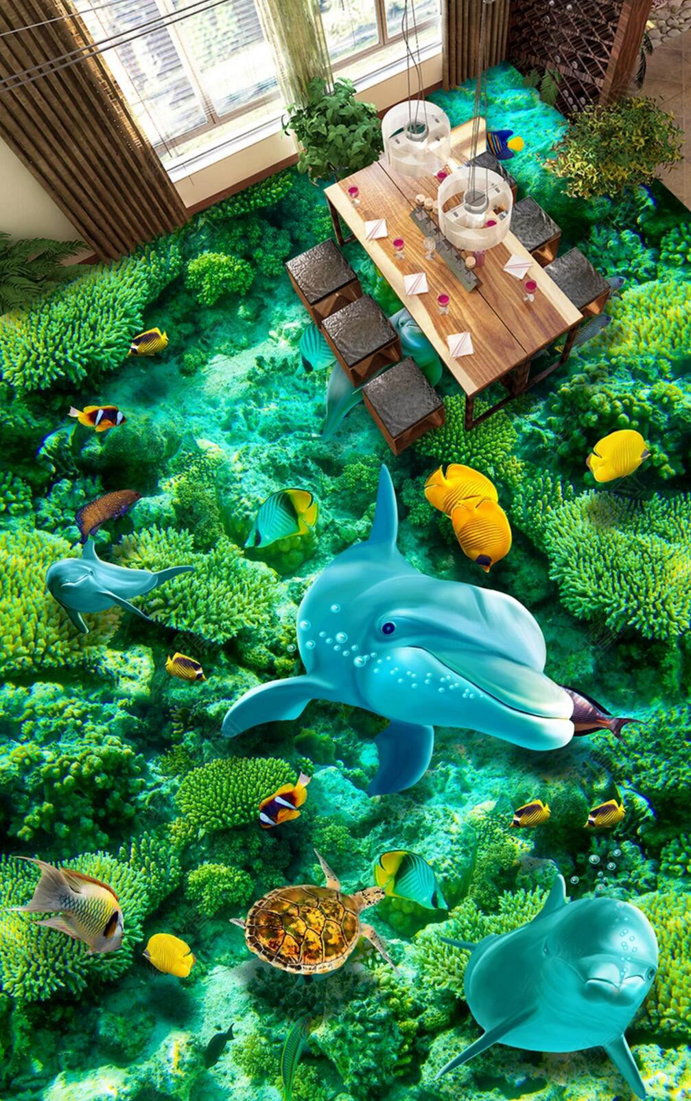 3D Blue Dolphin 091 Floor Mural Self-Adhesive Sticker Bathroom Non-slip Waterproof Flooring Murals