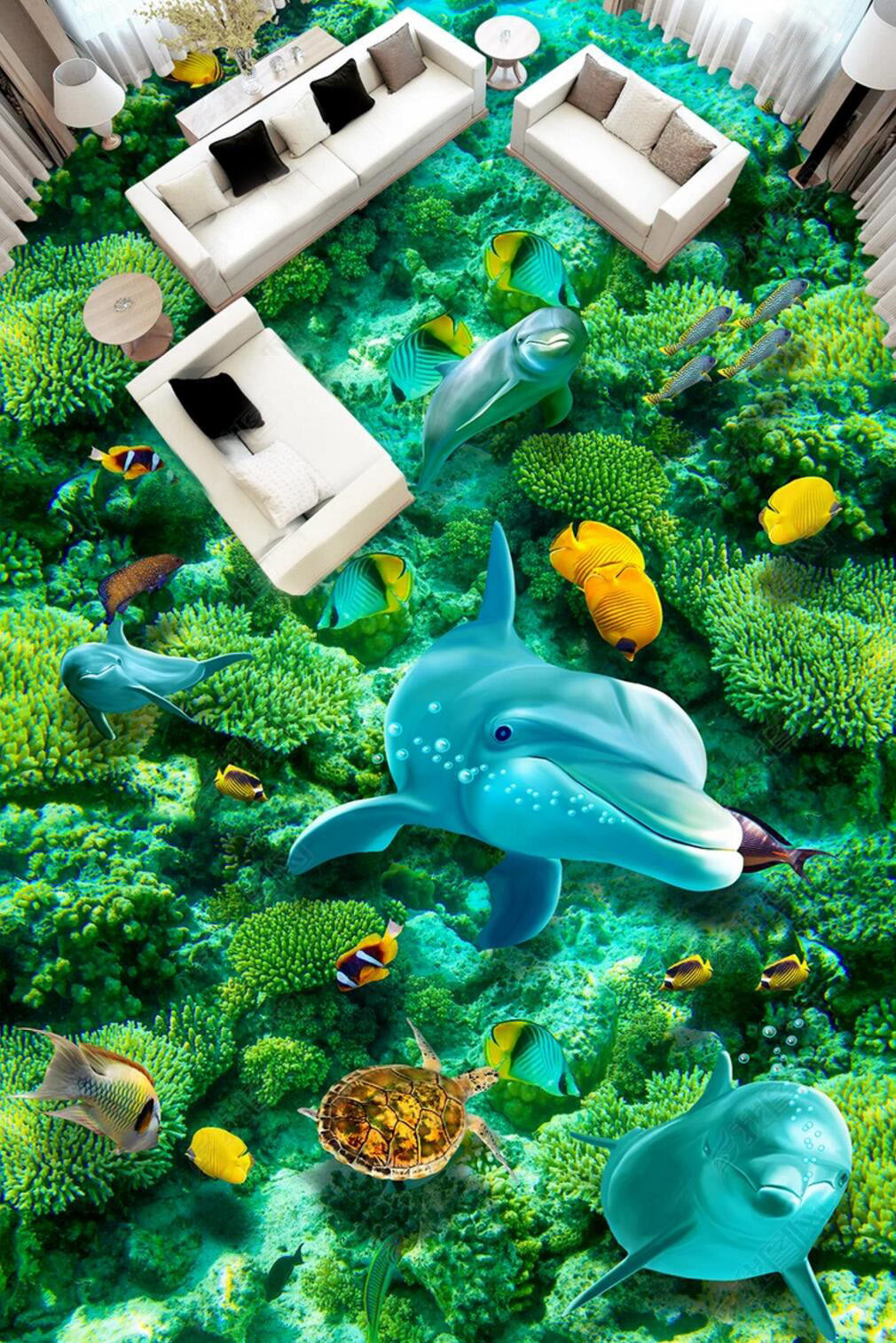 3D Blue Dolphin 091 Floor Mural Self-Adhesive Sticker Bathroom Non-slip Waterproof Flooring Murals