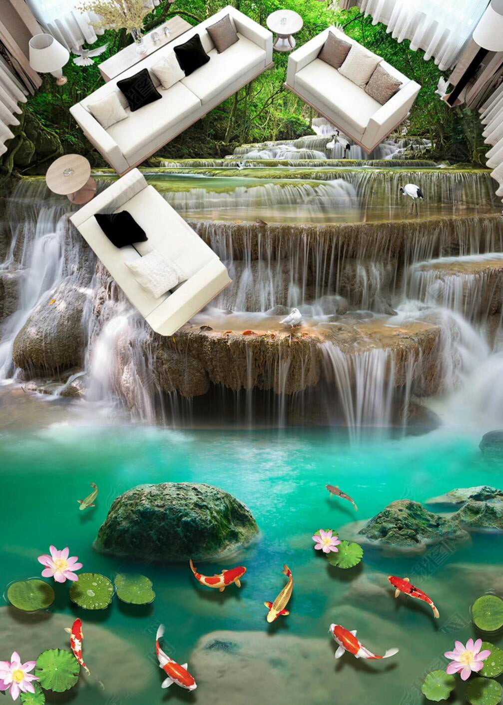 3D Forest Waterfall 084 Floor Mural Self-Adhesive Sticker Bathroom Non-slip Waterproof Flooring Murals