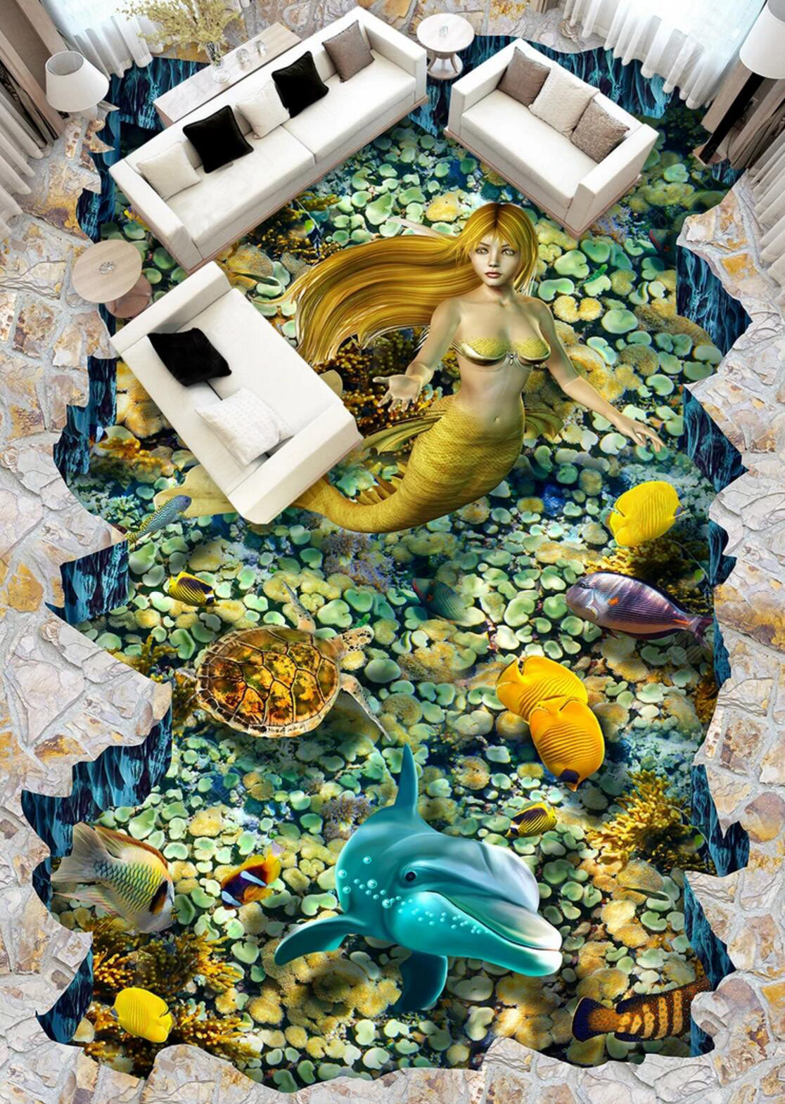 3D Beautiful Mrmaid 040 Floor Mural Self-Adhesive Sticker Bathroom Non-slip Waterproof Flooring Murals