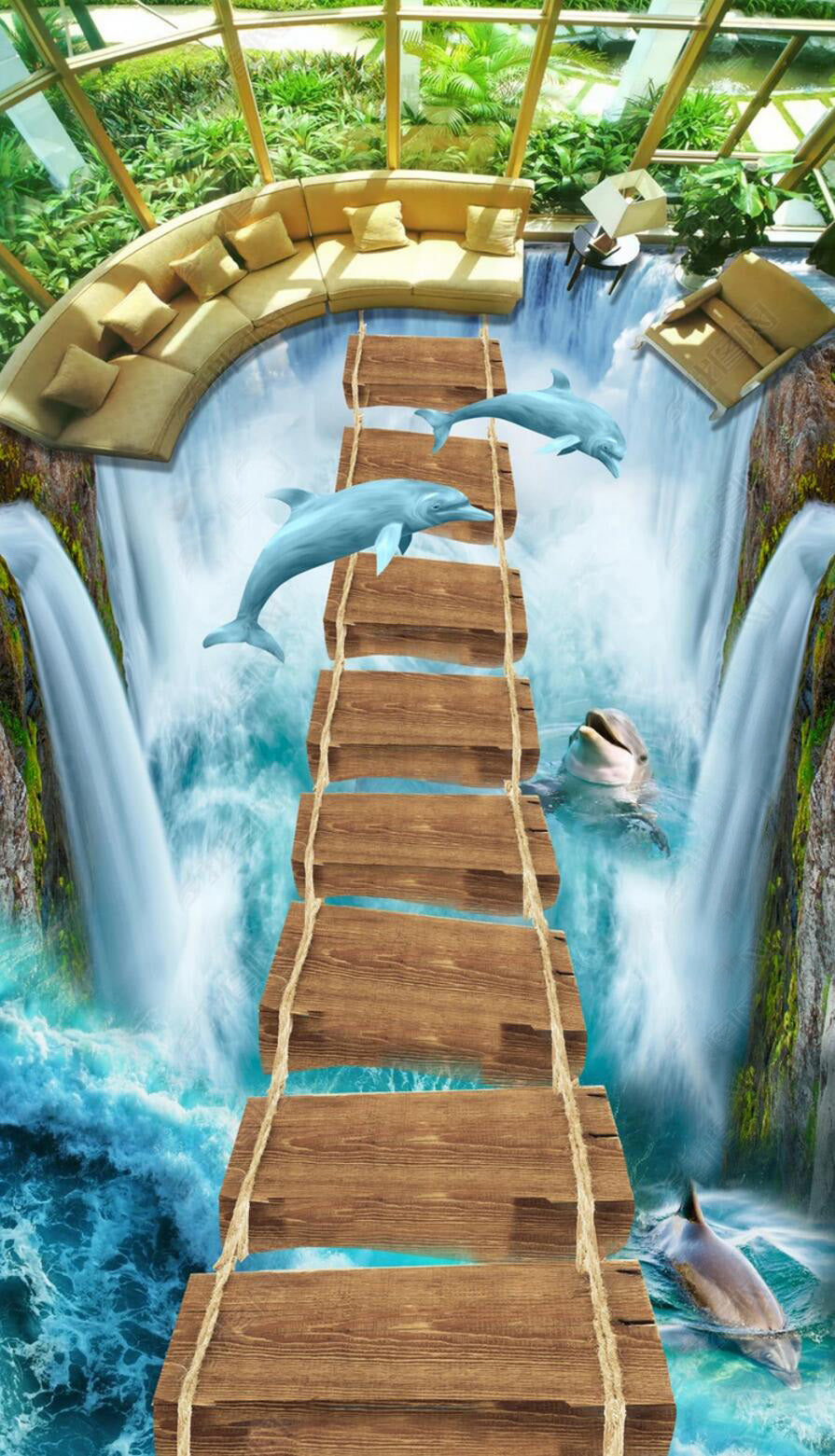 3D Jumping Dolphin 092 Floor Mural Self-Adhesive Sticker Bathroom Non-slip Waterproof Flooring Murals
