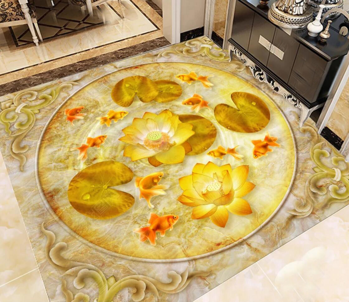 3D Golden Lotus 086 Floor Mural Self-Adhesive Sticker Bathroom Non-slip Waterproof Flooring Murals