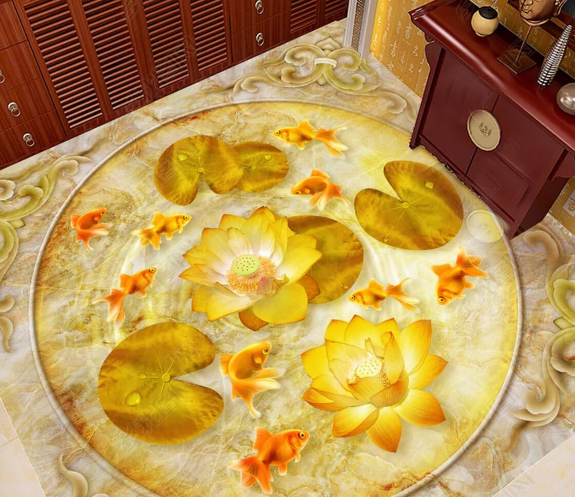 3D Golden Lotus 086 Floor Mural Self-Adhesive Sticker Bathroom Non-slip Waterproof Flooring Murals