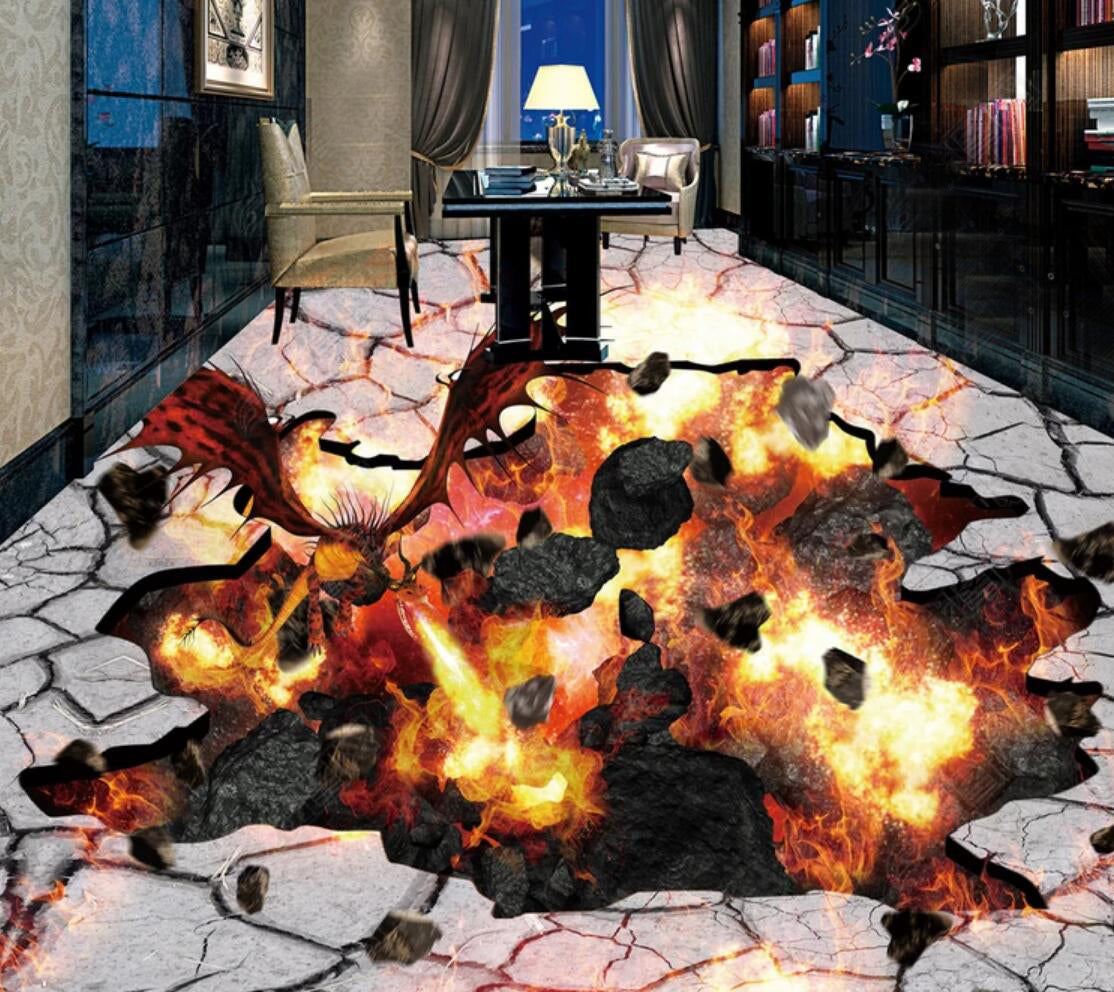 3D Flaming Stone 068 Floor Mural Self-Adhesive Sticker Bathroom Non-slip Waterproof Flooring Murals
