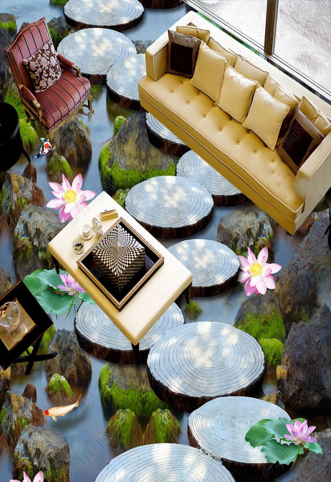 3D June Lotus 080 Floor Mural Self-Adhesive Sticker Bathroom Non-slip Waterproof Flooring Murals