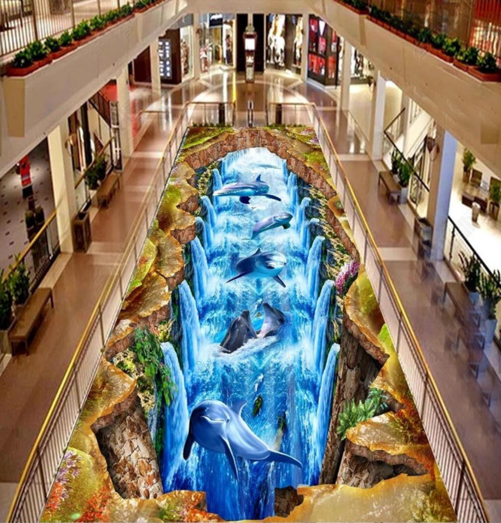 3D Dolphin World 070 Floor Mural Self-Adhesive Sticker Bathroom Non-slip Waterproof Flooring Murals