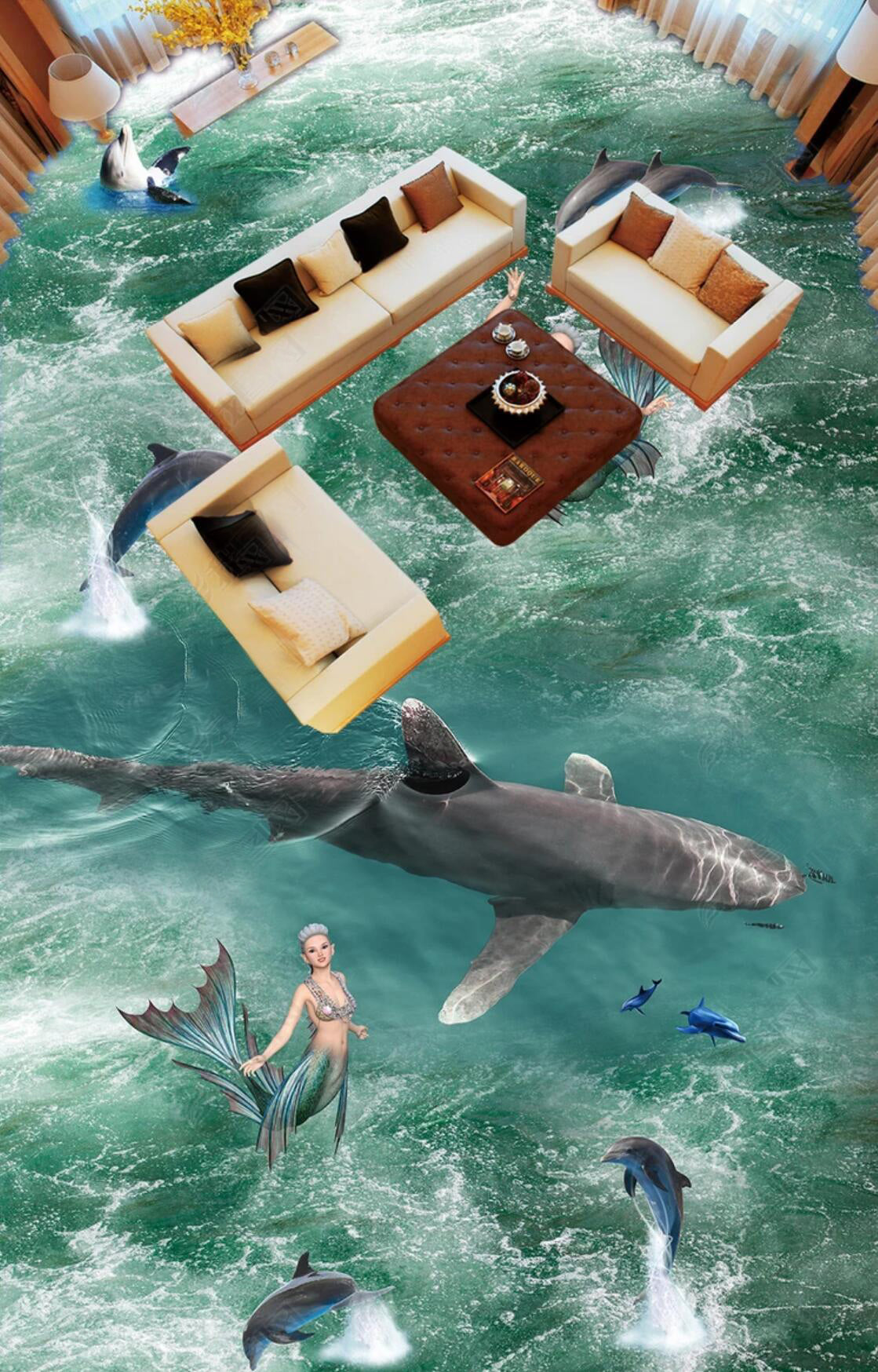 3D Turquoise Lake 060 Floor Mural Self-Adhesive Sticker Bathroom Non-slip Waterproof Flooring Murals