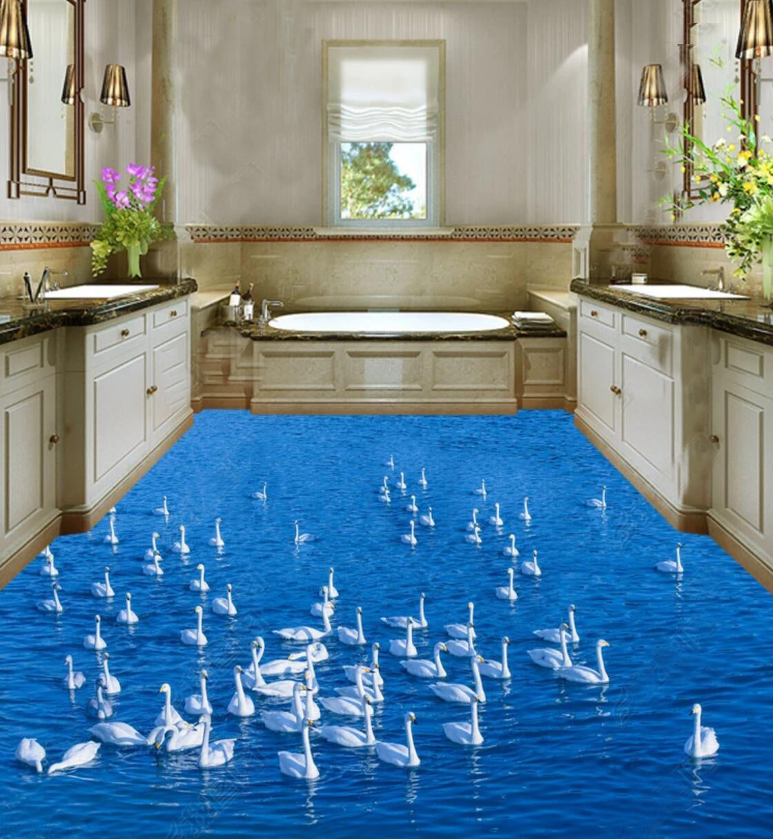 3D Elegant White Swan 048 Floor Mural Self-Adhesive Sticker Bathroom Non-slip Waterproof Flooring Murals