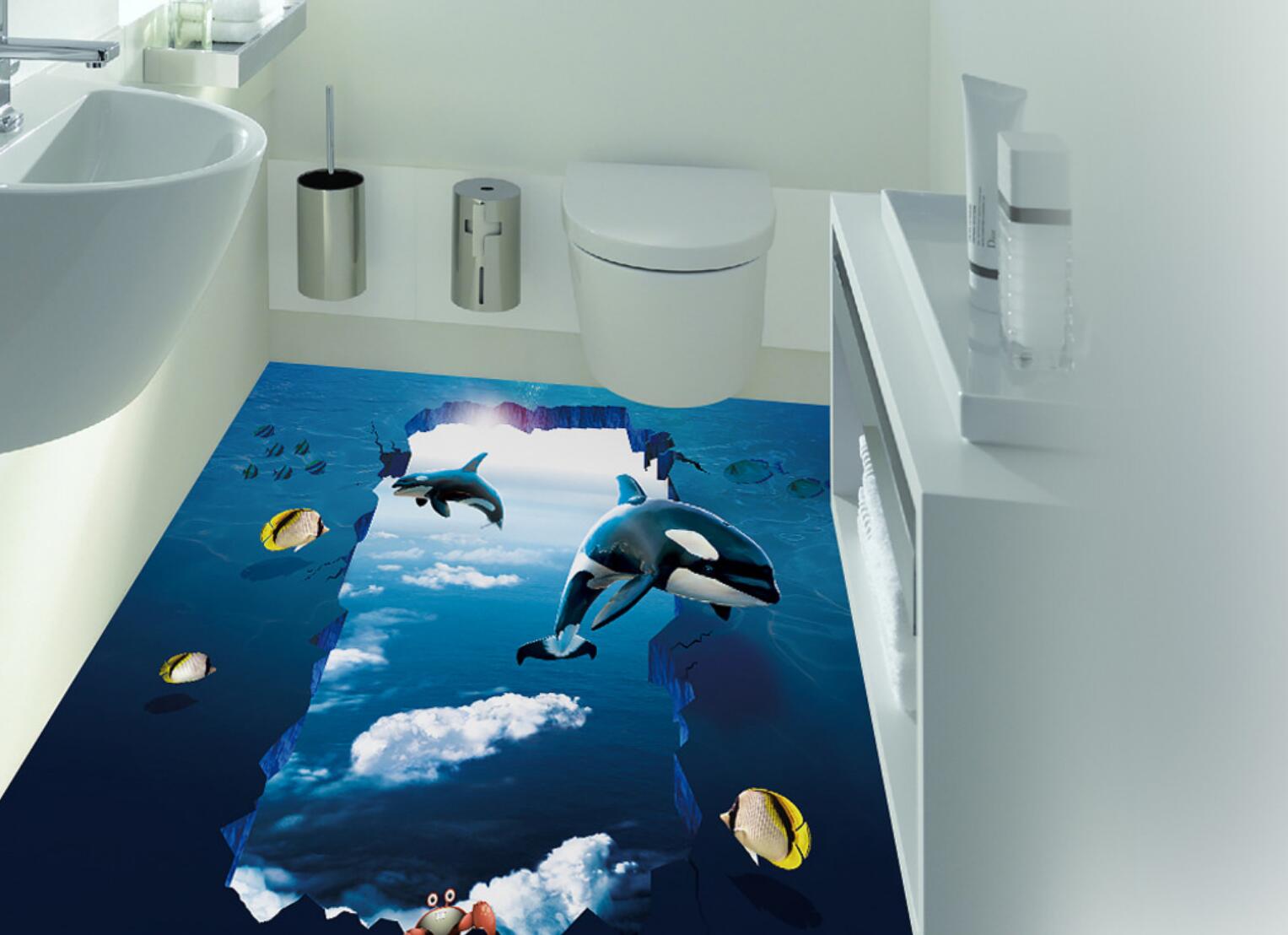 3D Blue Sky Dolphin 107 Floor Mural Self-Adhesive Sticker Bathroom Non-slip Waterproof Flooring Murals