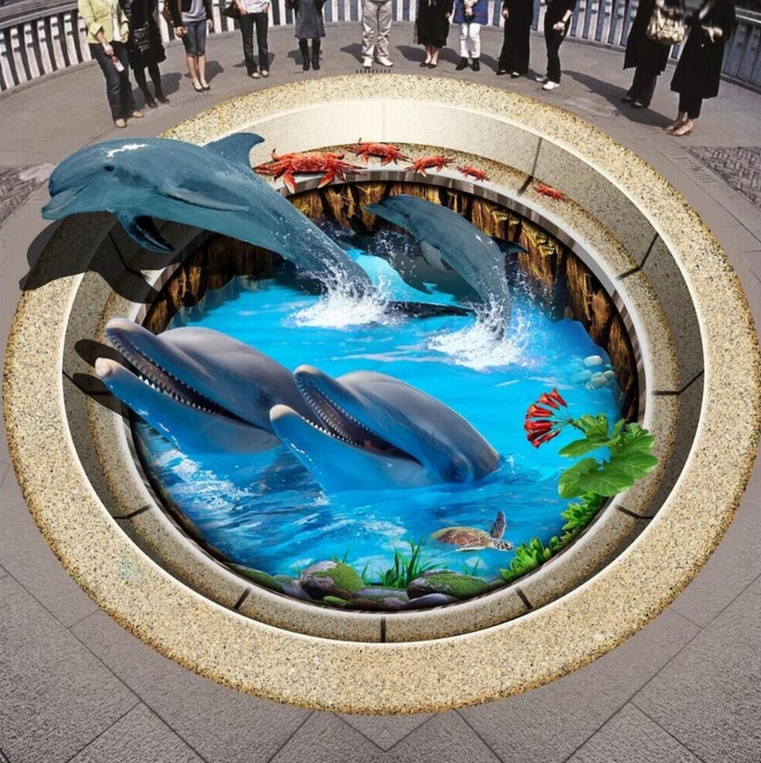 3D Funny Dolphin 128 Floor Mural Self-Adhesive Sticker Bathroom Non-slip Waterproof Flooring Murals