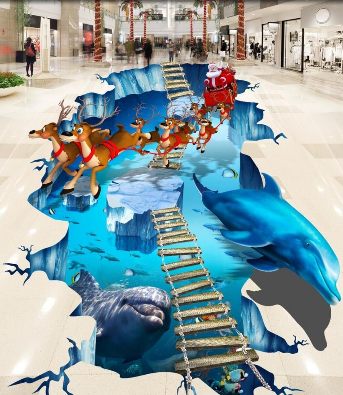 3D Santa Claus 135 Floor Mural Self-Adhesive Sticker Bathroom Non-slip Waterproof Flooring Murals