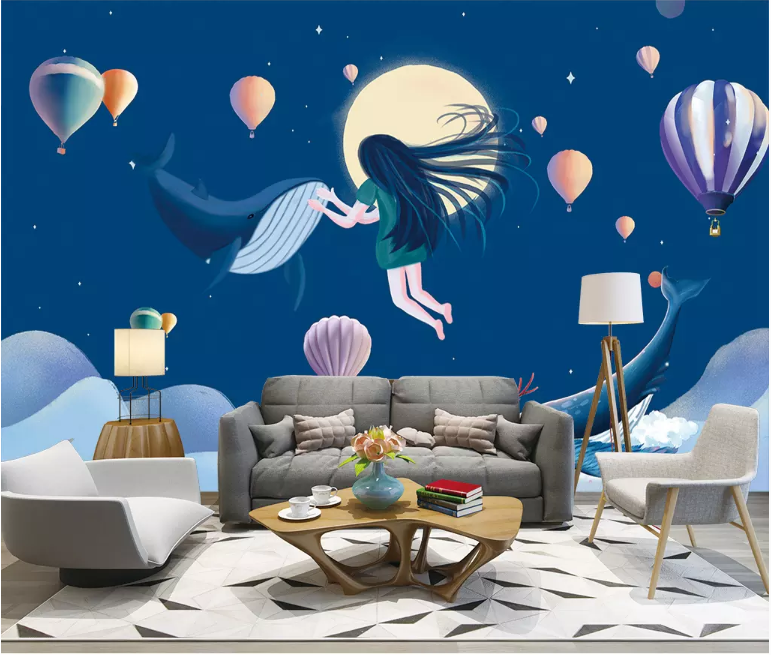 3D Whale Moon 2174 Wall Murals