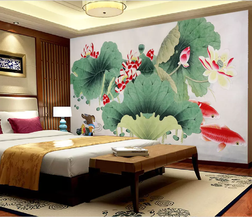 3D Lotus Leaf Mandarin Duck 1395 Wallpaper AJ Wallpaper 2